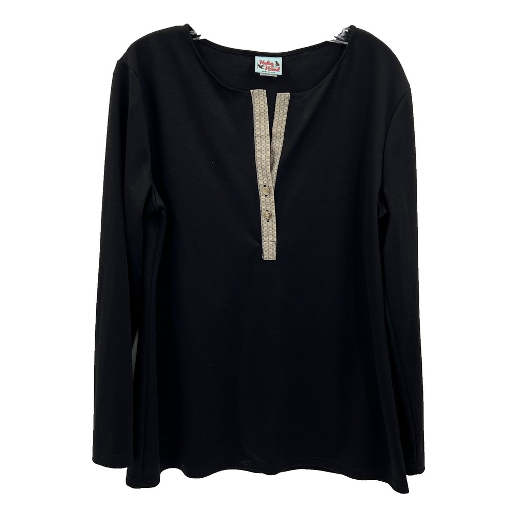 HALEY & THE HOUND Women's Sz L Black 2-Button Round Neck Long-Sleeve Shirt Top